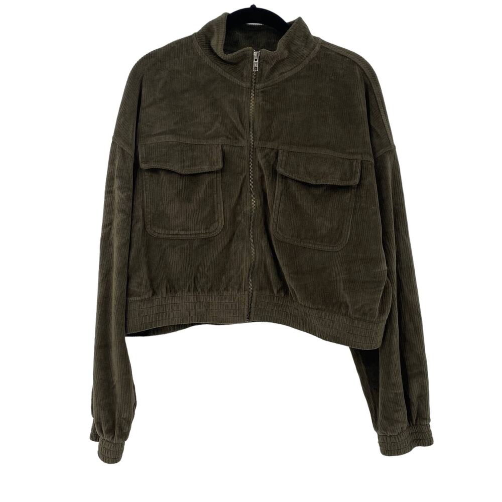 Aerie Jacket Cropped Zipper Front Corduroy Patch Pockets Cotton Green Womens XL